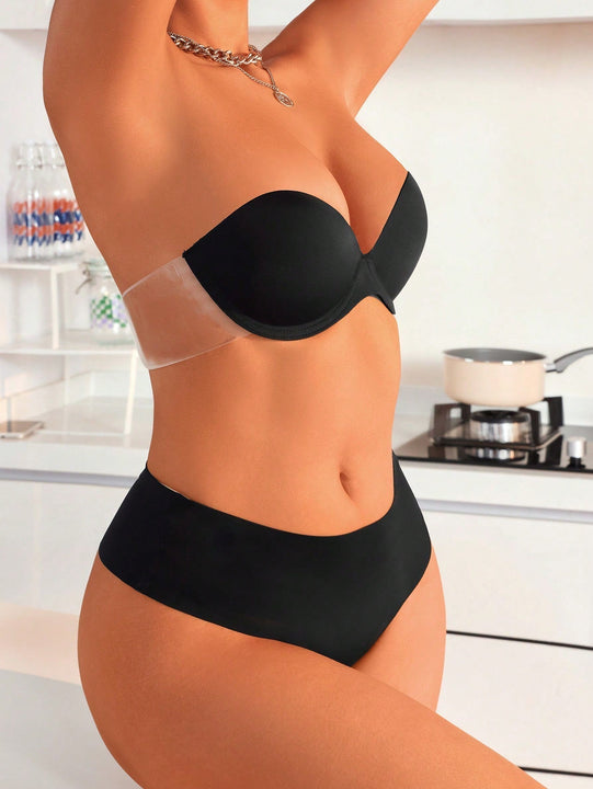 2 Piezas Sujetador De Color Liso Con Aro De Acero Y Braguitas Con Espalda En T