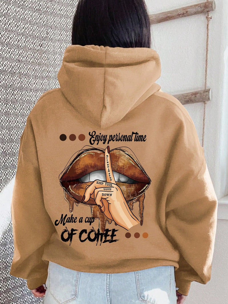 Icon sudadera con capucha termica con bolsillo tipo canguro, cordon y grafico de eslogan y labios, disfruta de tu tiempo personal, por favor manten la voz baja, hazte una taza de cafe