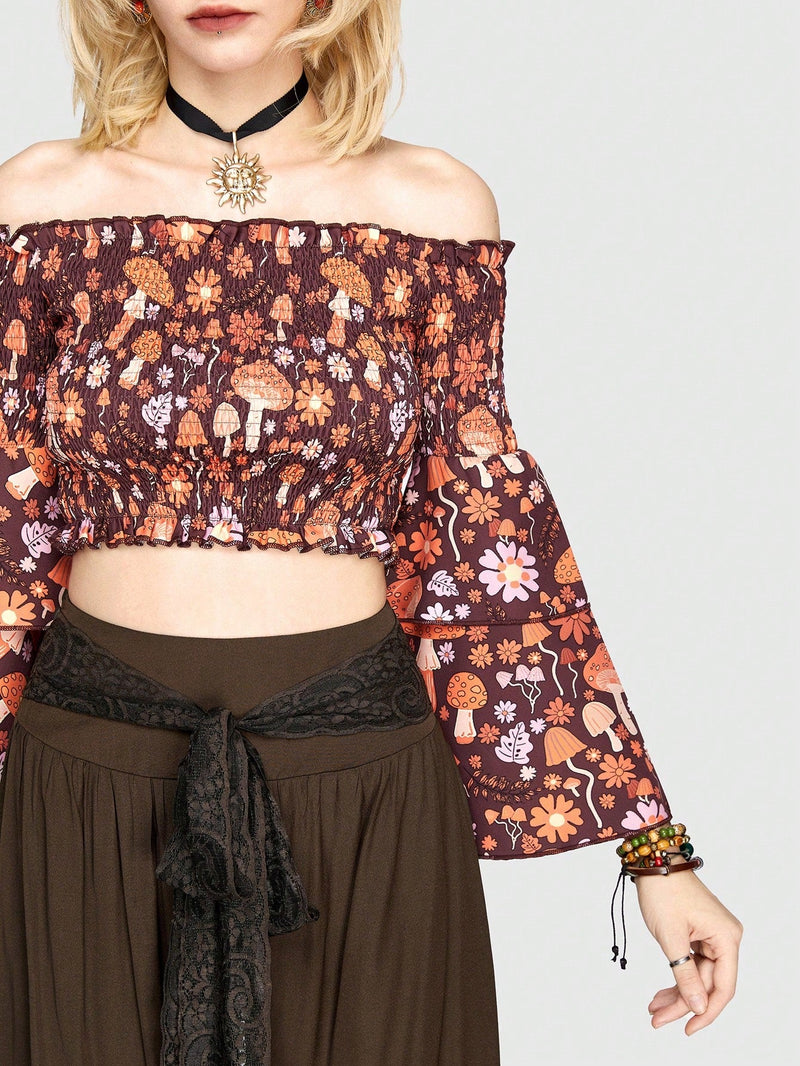 ROMWE Hippie Blusa Con Mangas Acampanadas Y Estampado De Setas Y Flores, Top Corto