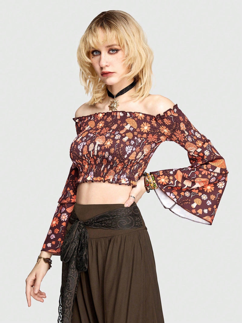 ROMWE Hippie Blusa Con Mangas Acampanadas Y Estampado De Setas Y Flores, Top Corto