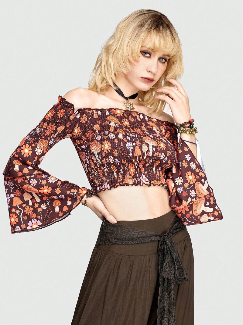 ROMWE Hippie Blusa Con Mangas Acampanadas Y Estampado De Setas Y Flores, Top Corto