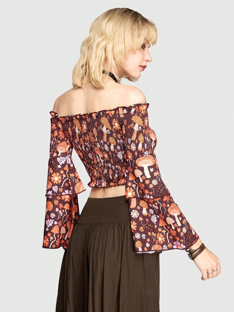 ROMWE Hippie Blusa Con Mangas Acampanadas Y Estampado De Setas Y Flores, Top Corto