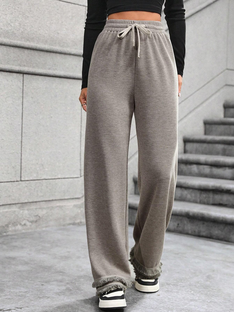 EZwear Pantalones Rectos Con Cintura Ajustable Y Borde Crudo Para Mujeres