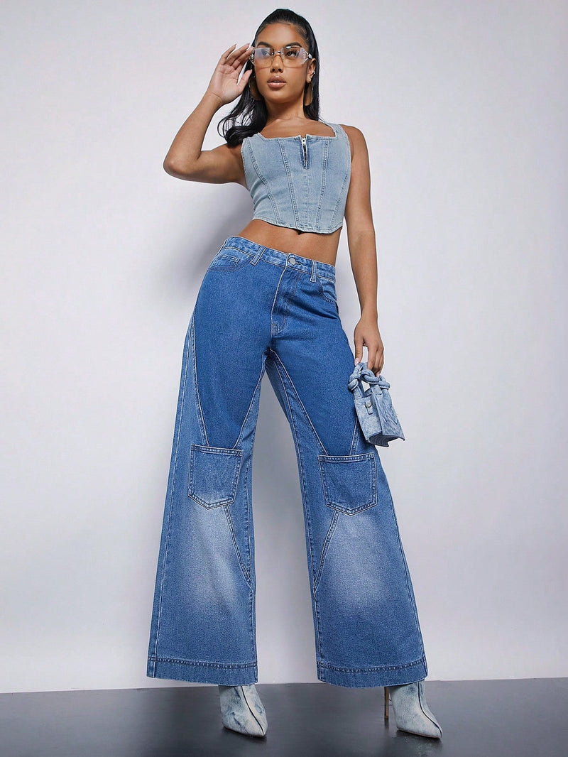 Pantalones Jeans De Pierna Ancha Con Efecto De Lavado