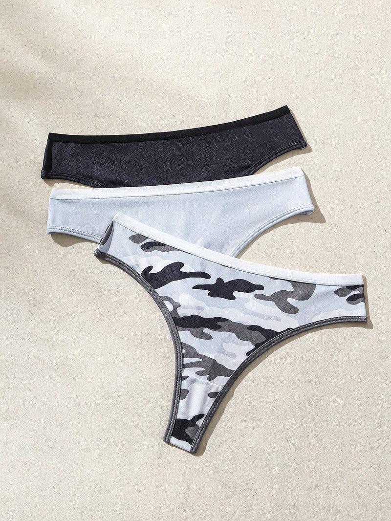 Conjunto De 3 Piezas De Ropa Interior Femenina Tipo Tanga Con Estampado De Camuflaje