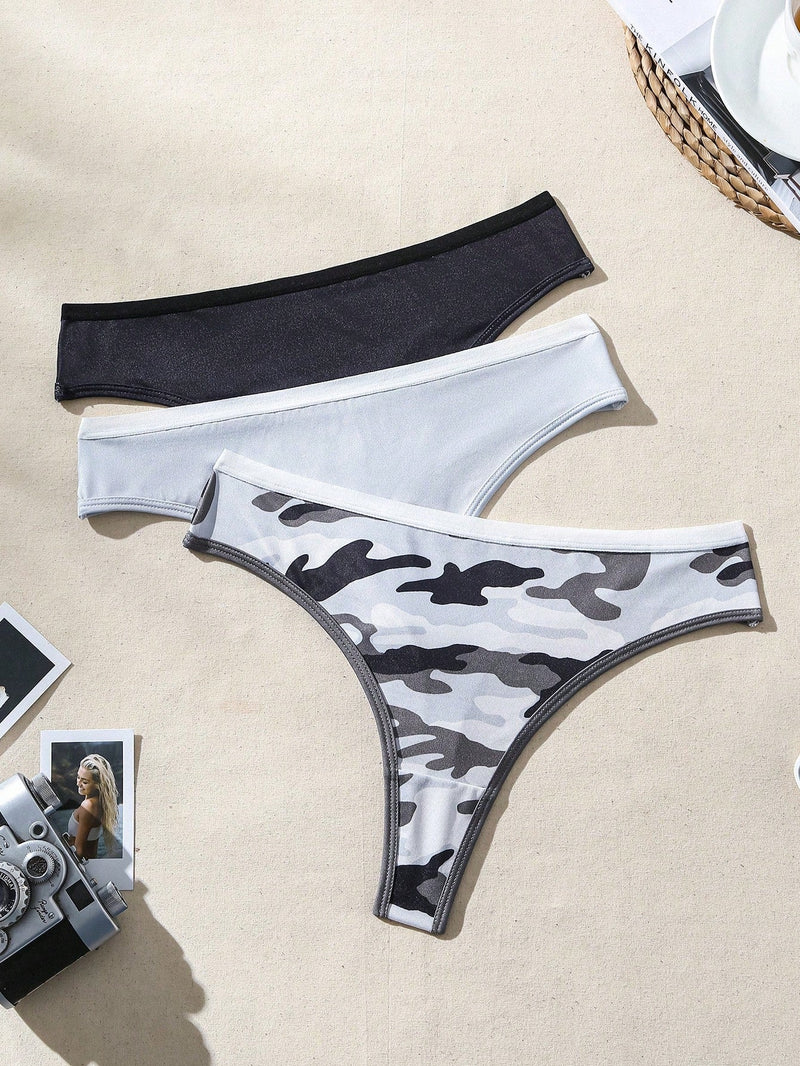 Conjunto De 3 Piezas De Ropa Interior Femenina Tipo Tanga Con Estampado De Camuflaje