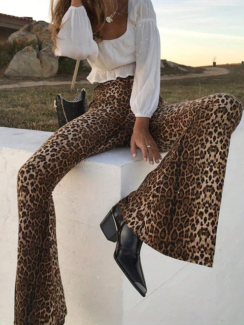 Pantalones Acampanados Informales Con Estampado De Leopardo De Talle Alto Para Mujer, Modernos Y Ajustados