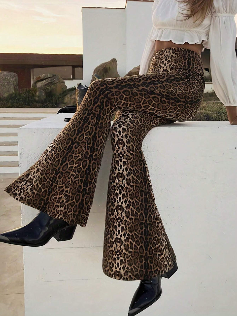 Pantalones Acampanados Informales Con Estampado De Leopardo De Talle Alto Para Mujer, Modernos Y Ajustados