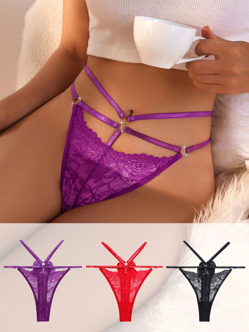 Ropa Interior De Encaje Con Tanga Ahuecada Para Mujer