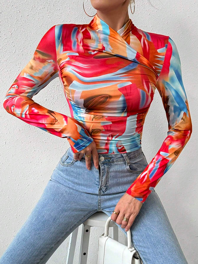 Camiseta De Mujer Plisada Con Estampado Completo