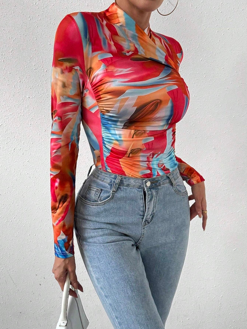 Camiseta De Mujer Plisada Con Estampado Completo