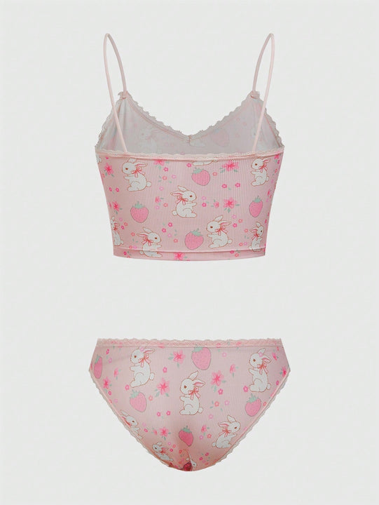 ROMWE Kawaii Conjunto De Lenceria De Encaje De Remiendo Con Impresion De Conejo Y Fresa Para Mujeres
