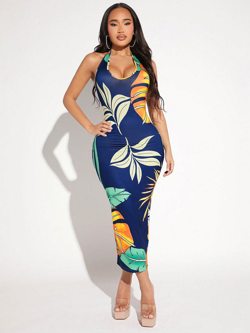 SXY Vestido ajustado con estampado tropical de cuello halter