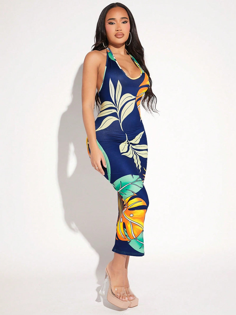 SXY Vestido ajustado con estampado tropical de cuello halter