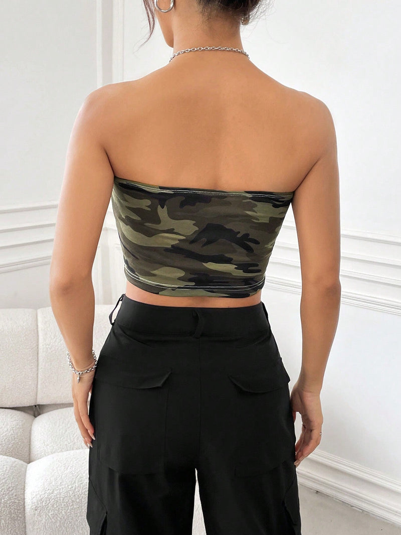 EZwear Top Sin Tirantes Con Estampado De Camuflaje Para Mujer