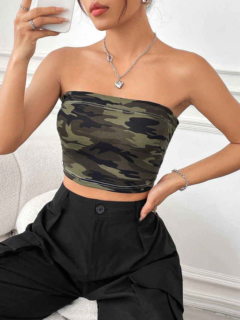 EZwear Top Sin Tirantes Con Estampado De Camuflaje Para Mujer