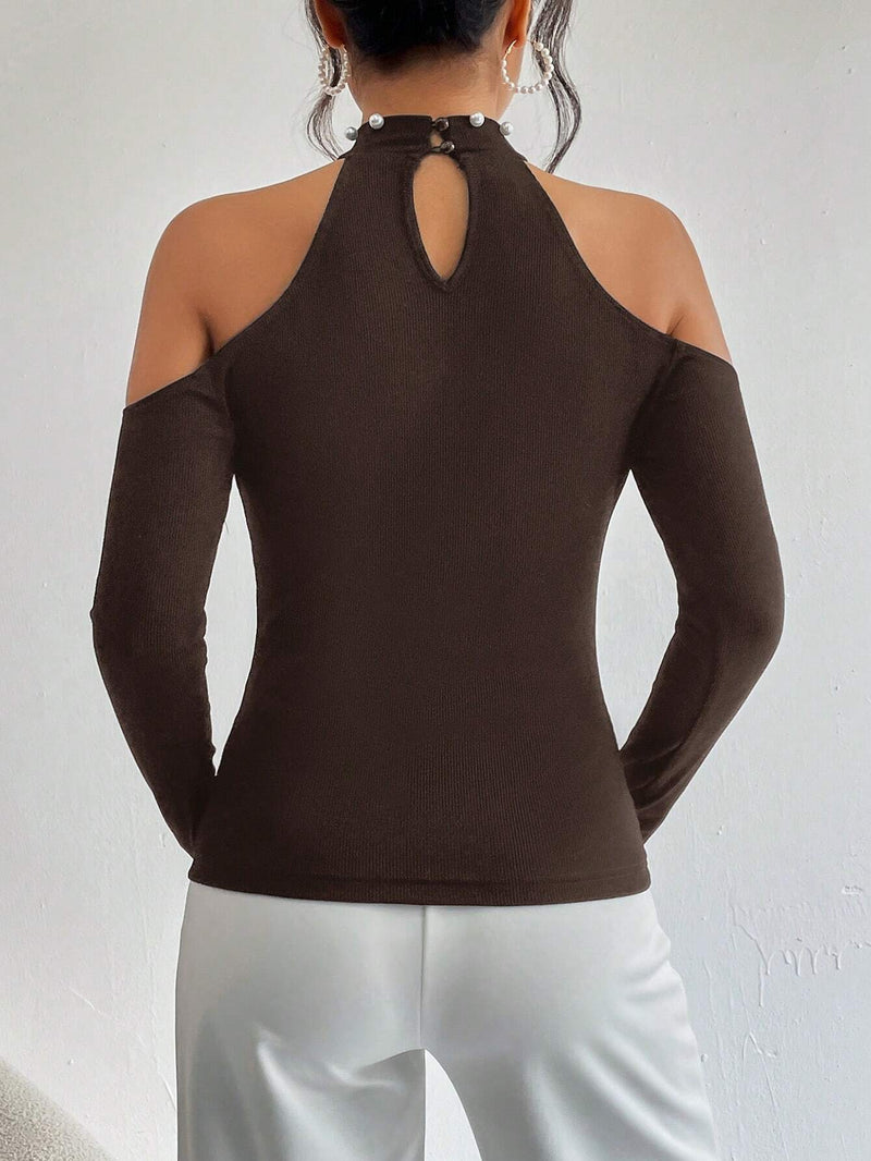 Prive Camiseta Para Mujer Sin Hombros Con Cuello Halter Y Adornos De Perlas