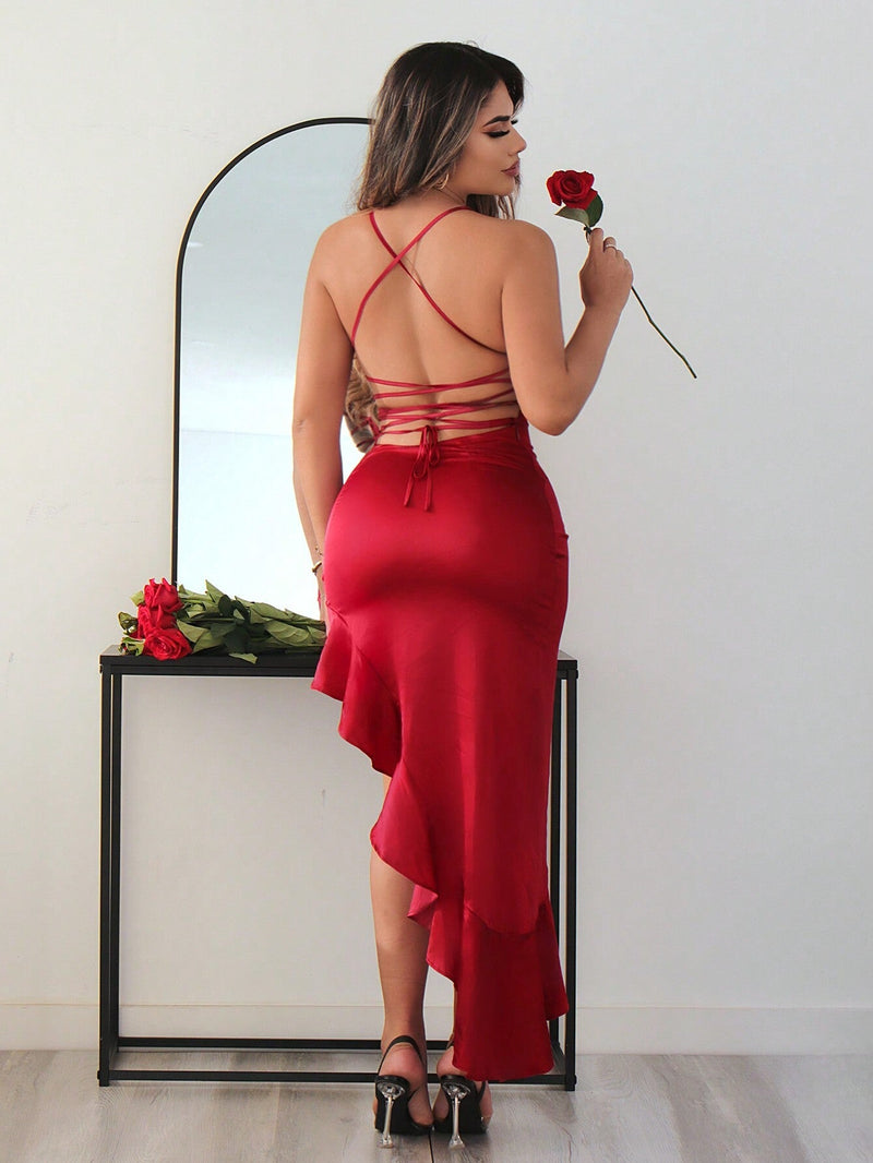 SXY Vestido Rojo Sexy Con Un Diseño De Hombros Descubiertos Con Volantes Y Borde De Tromp Para El Día De San Valentín, Diseño De Espalda Descubierta, Ideal Para Bodas Y Citas