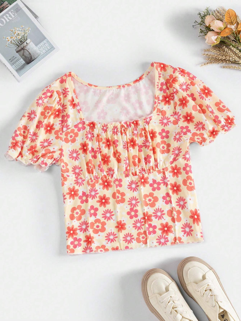 Camiseta De Mujer Con Estampado Floral Y Dees Arrugados