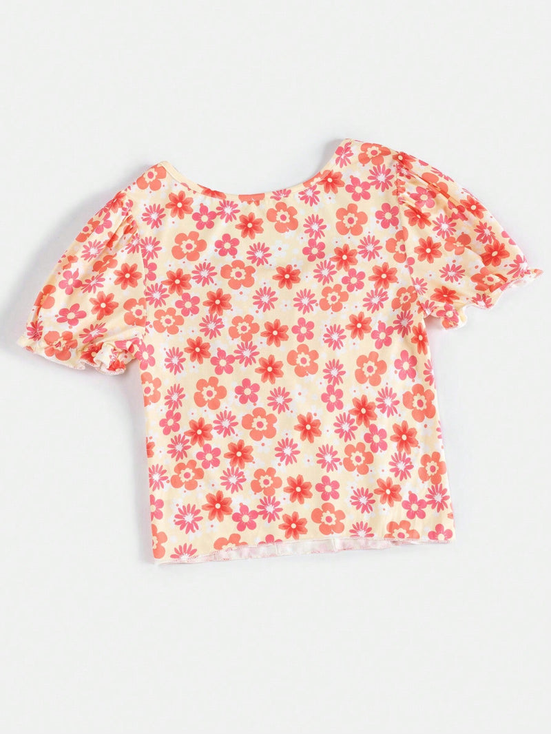 Camiseta De Mujer Con Estampado Floral Y Dees Arrugados