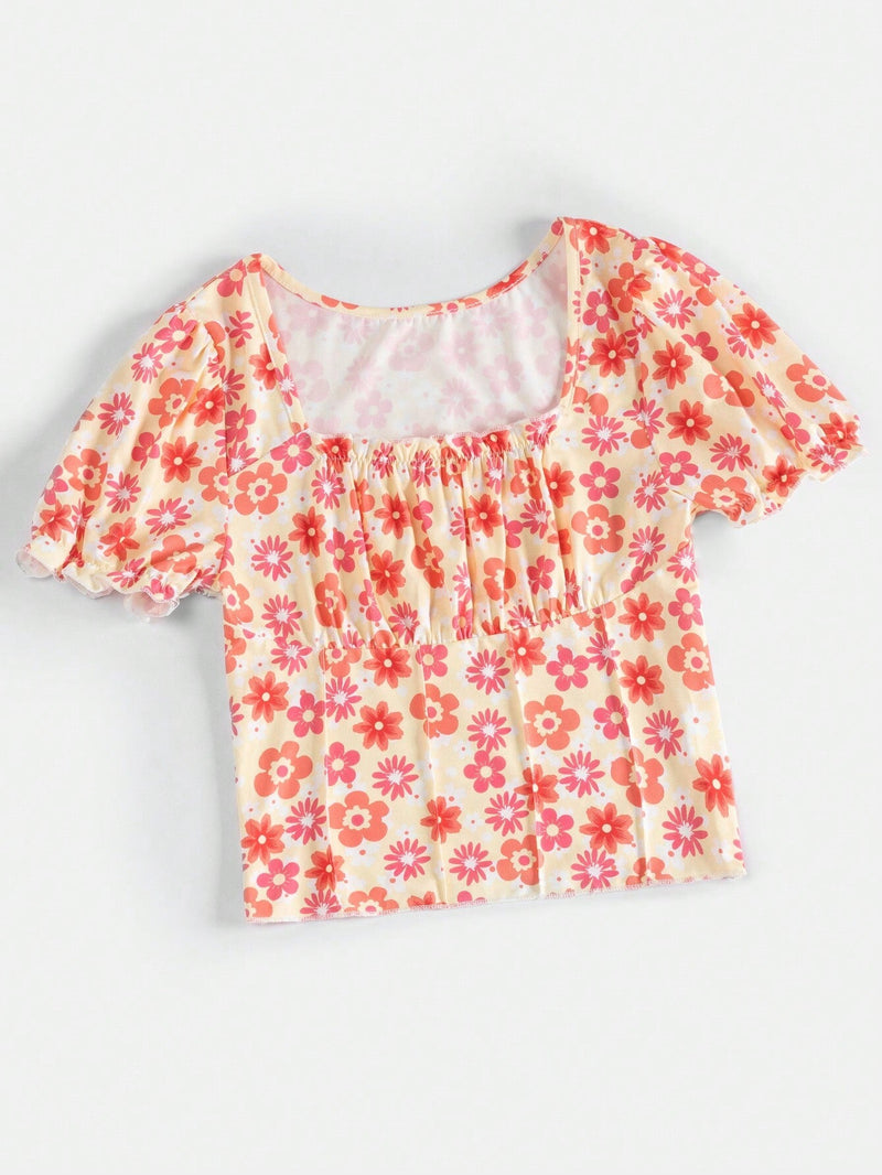 Camiseta De Mujer Con Estampado Floral Y Dees Arrugados