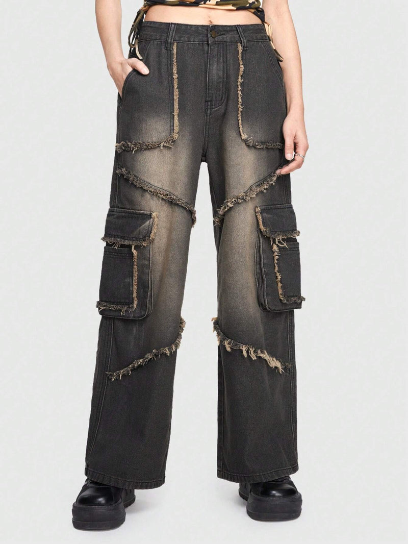 ROMWE Grunge Punk Pantalon Largo De Mezclilla Con Bolsillos De Solapa Lavados Y Desvanecidos