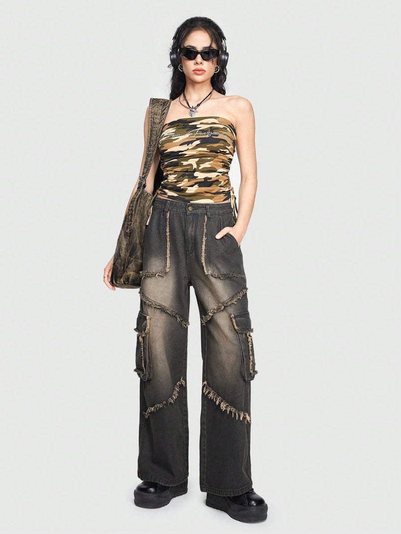 ROMWE Grunge Punk Pantalon Largo De Mezclilla Con Bolsillos De Solapa Lavados Y Desvanecidos