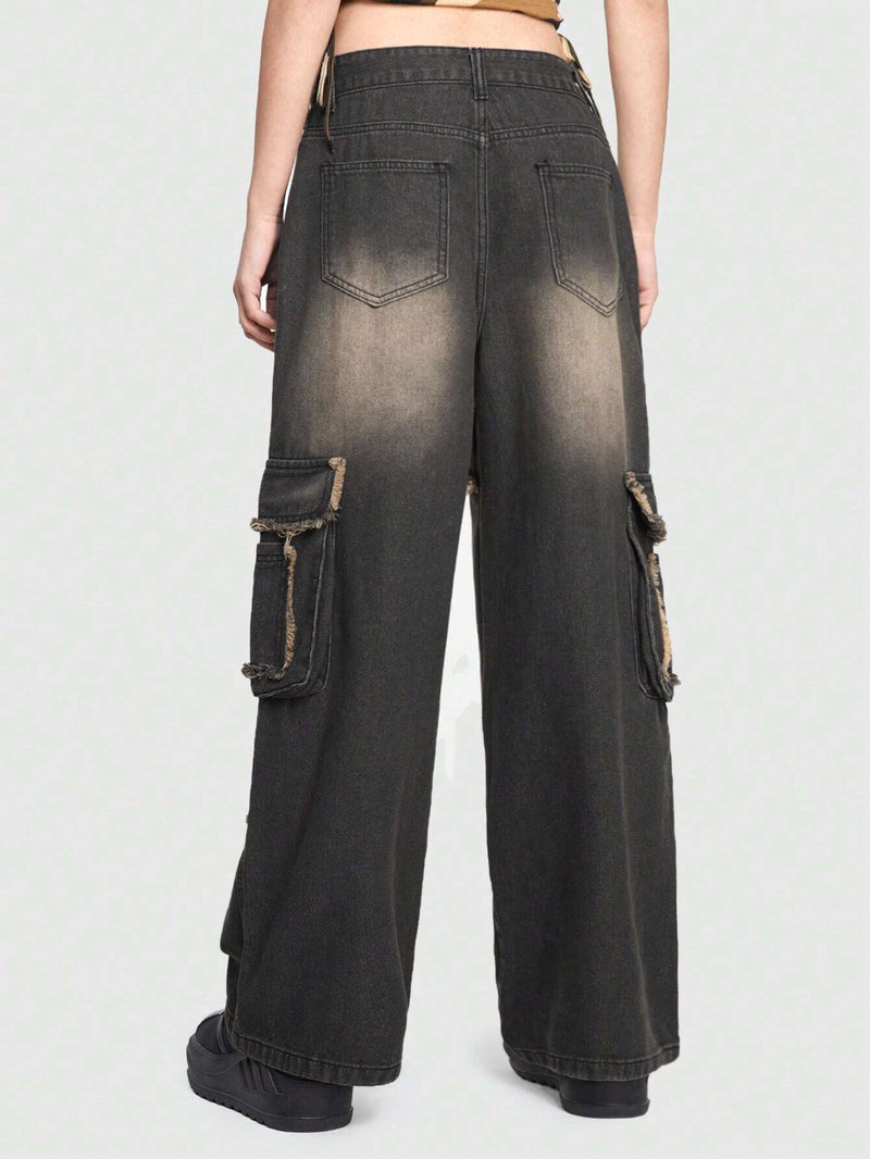 ROMWE Grunge Punk Pantalon Largo De Mezclilla Con Bolsillos De Solapa Lavados Y Desvanecidos