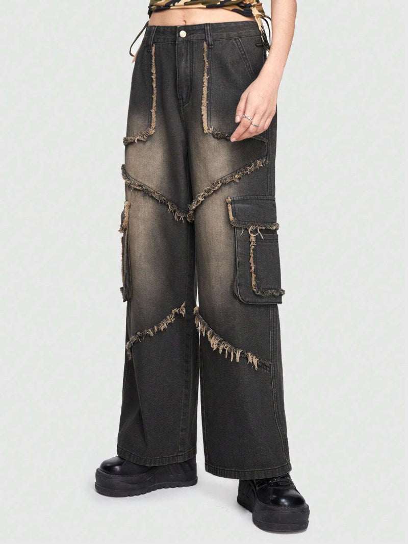 ROMWE Grunge Punk Pantalon Largo De Mezclilla Con Bolsillos De Solapa Lavados Y Desvanecidos