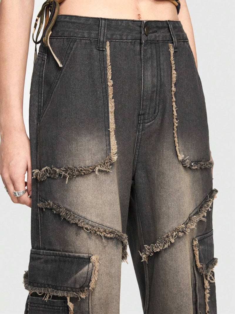 ROMWE Grunge Punk Pantalon Largo De Mezclilla Con Bolsillos De Solapa Lavados Y Desvanecidos