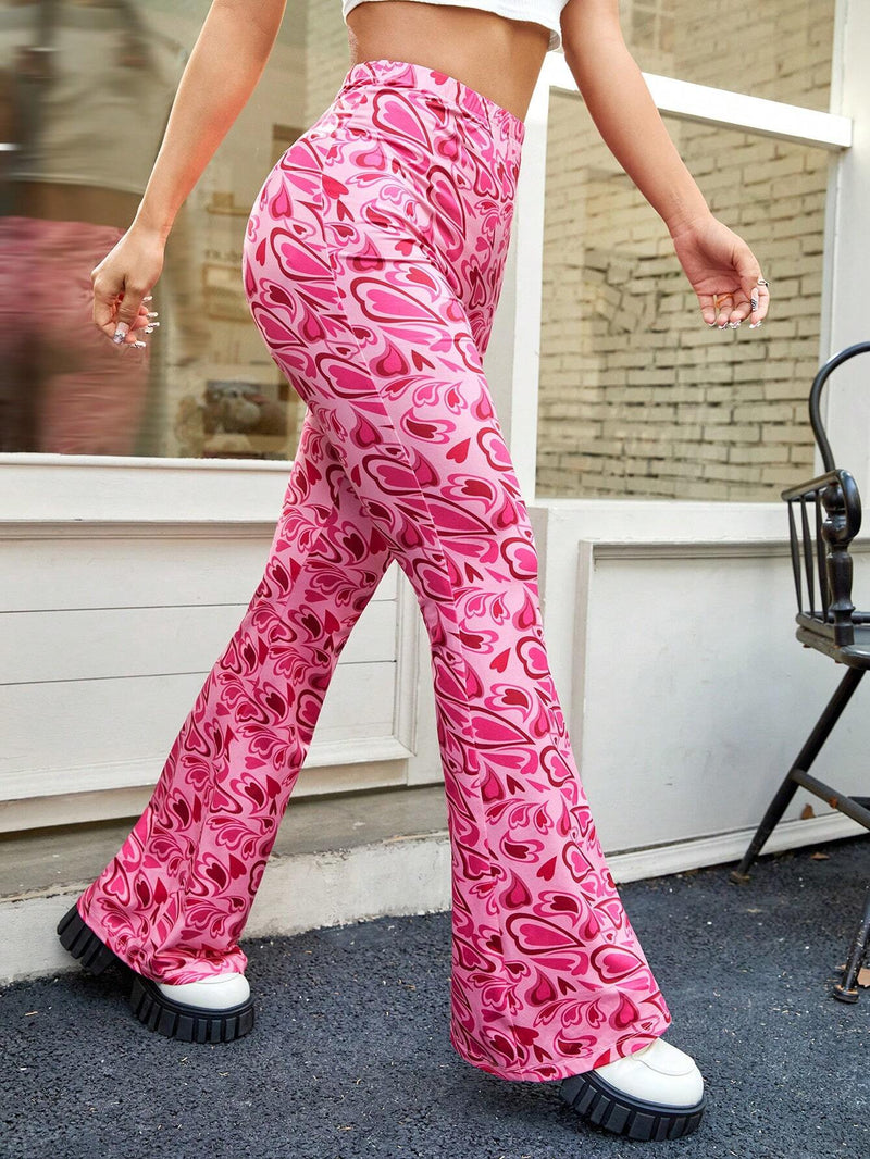 EZwear Pantalones Acampanados De Cintura Alta En Rosa Veraniego Con Estampado De Corazones