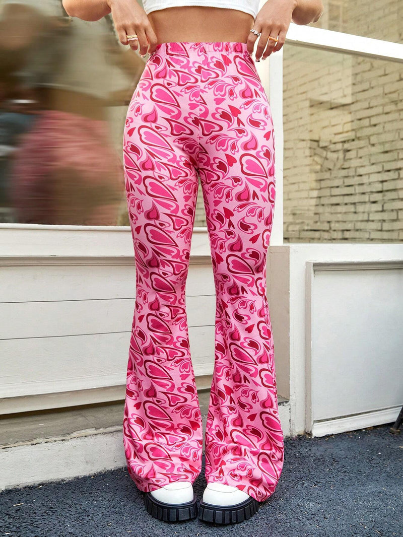 EZwear Pantalones Acampanados De Cintura Alta En Rosa Veraniego Con Estampado De Corazones