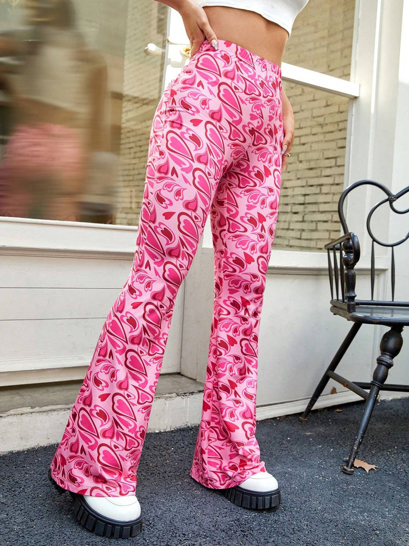 EZwear Pantalones Acampanados De Cintura Alta En Rosa Veraniego Con Estampado De Corazones