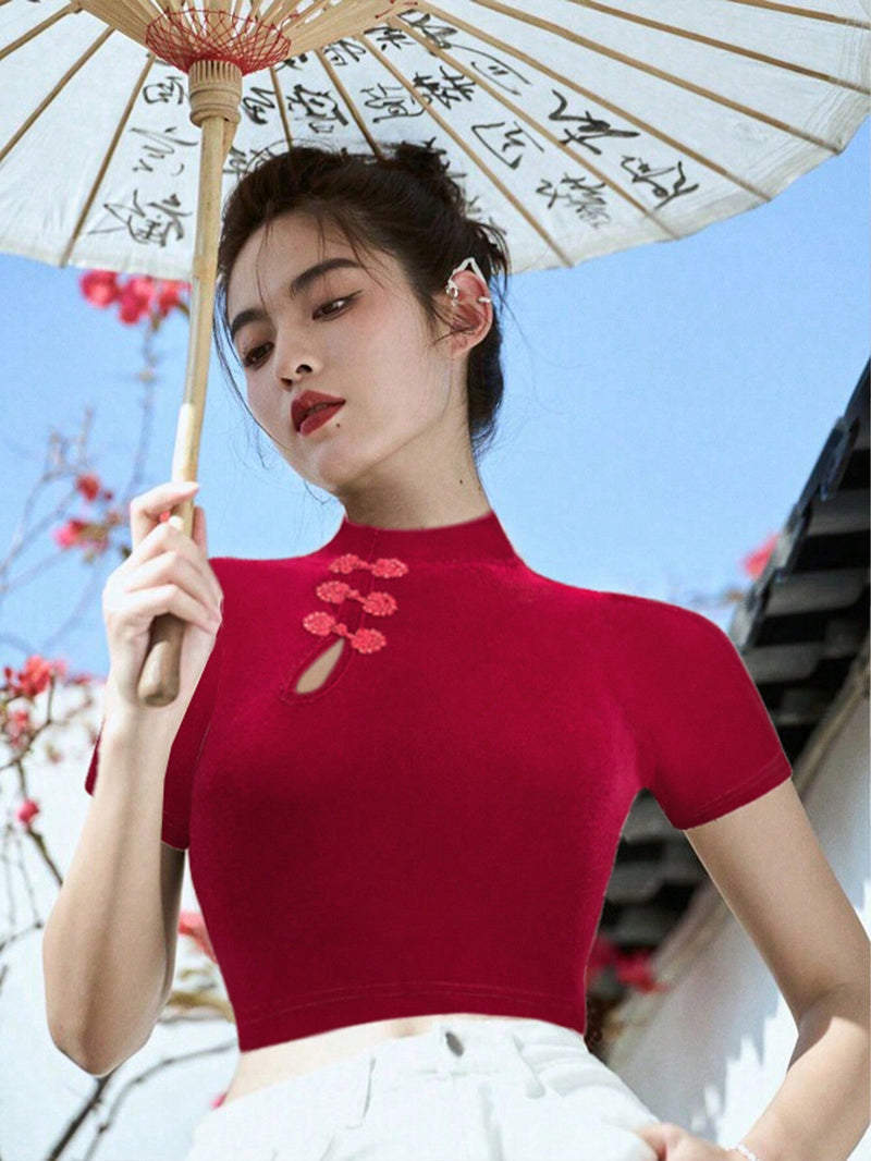 Camiseta Cheongsam Con Botones Huecos Para Mujeres