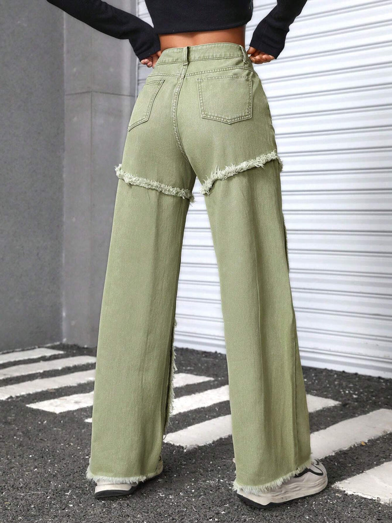 EZwear Pantalones Jeans Acampanados De Cintura Alta Con Dobladillo Deshilachado