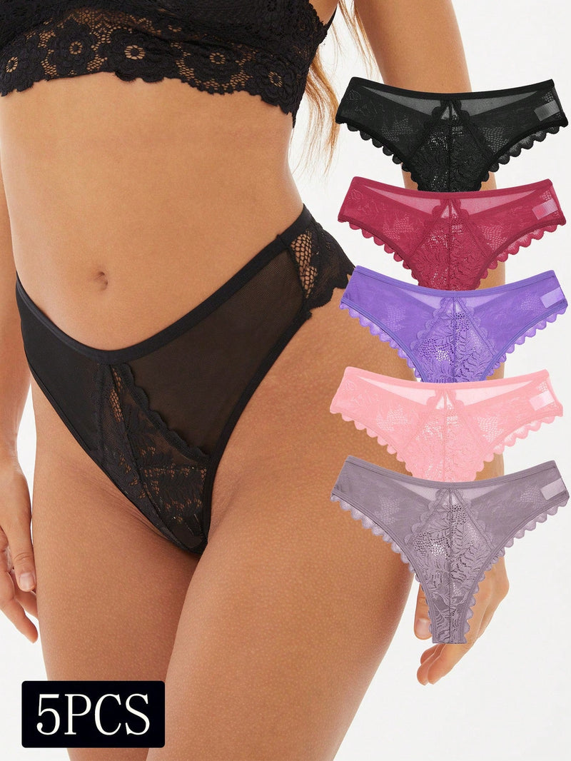 Finetoo set de 5 tangas de mujer con encaje y malla en diseno sexy