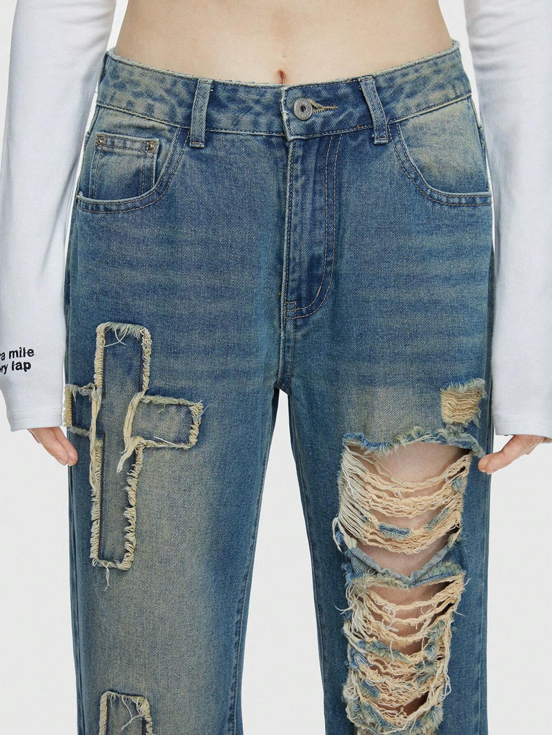 ROMWE Grunge Punk Pantalones Jeans Informales De Mezclilla Rasgados Y Desgastados Con Bordado En Cruz Y Parche Para Mujeres Al Estilo Punk, Ropa Urbana