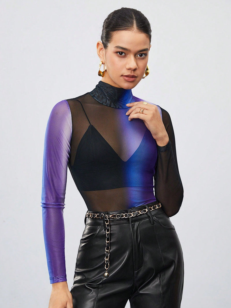 Maija Blusa De Malla Transparente Degradada Para Mujer Con Cuello Alto