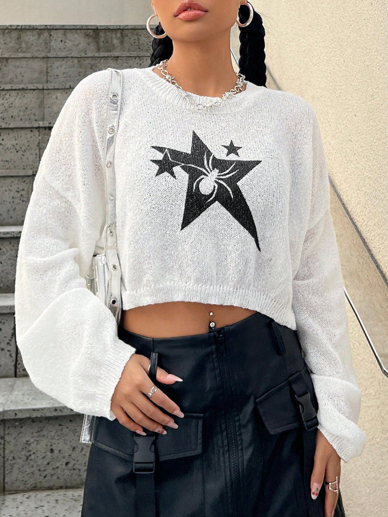 EZwear Sweater Holgado Tejido De Hombros Caidos Con Patron De Estrellas Y Aranas