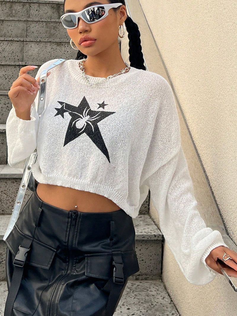 EZwear Sweater Holgado Tejido De Hombros Caidos Con Patron De Estrellas Y Aranas