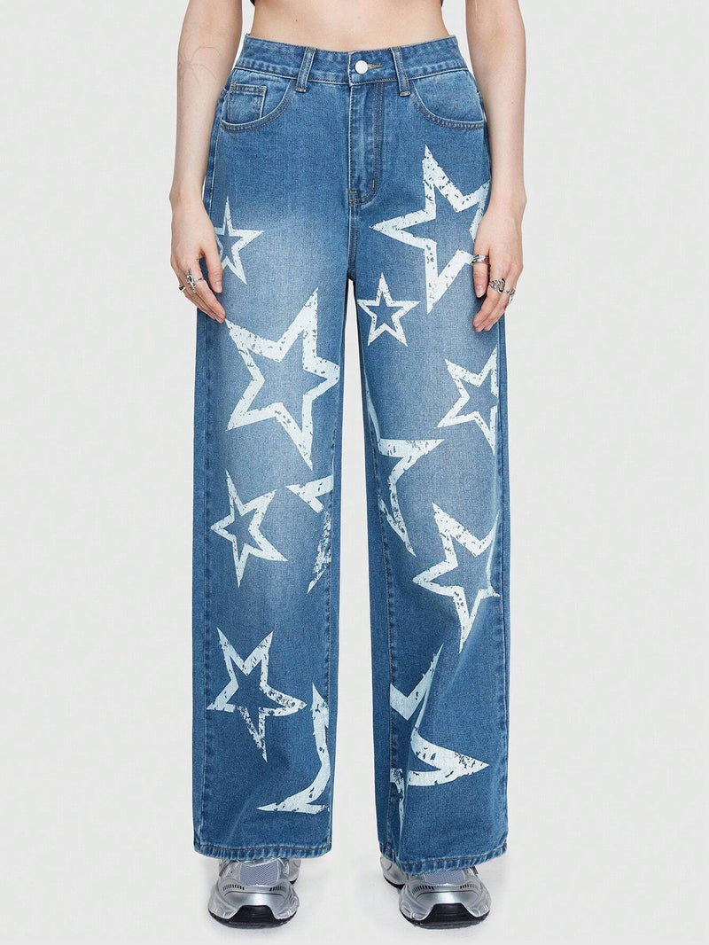 ROMWE Street Life Jeans De Mujer Rectos De Color Azul Claro Con Estampado De Estrellas