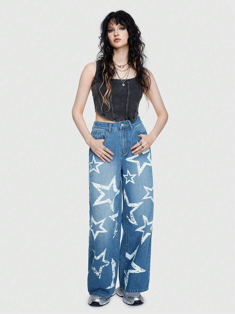 ROMWE Street Life Jeans De Mujer Rectos De Color Azul Claro Con Estampado De Estrellas