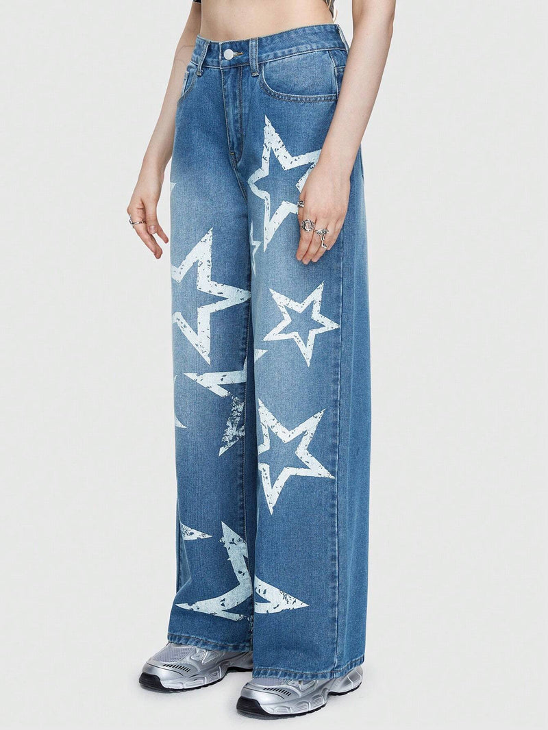 ROMWE Street Life Jeans De Mujer Rectos De Color Azul Claro Con Estampado De Estrellas