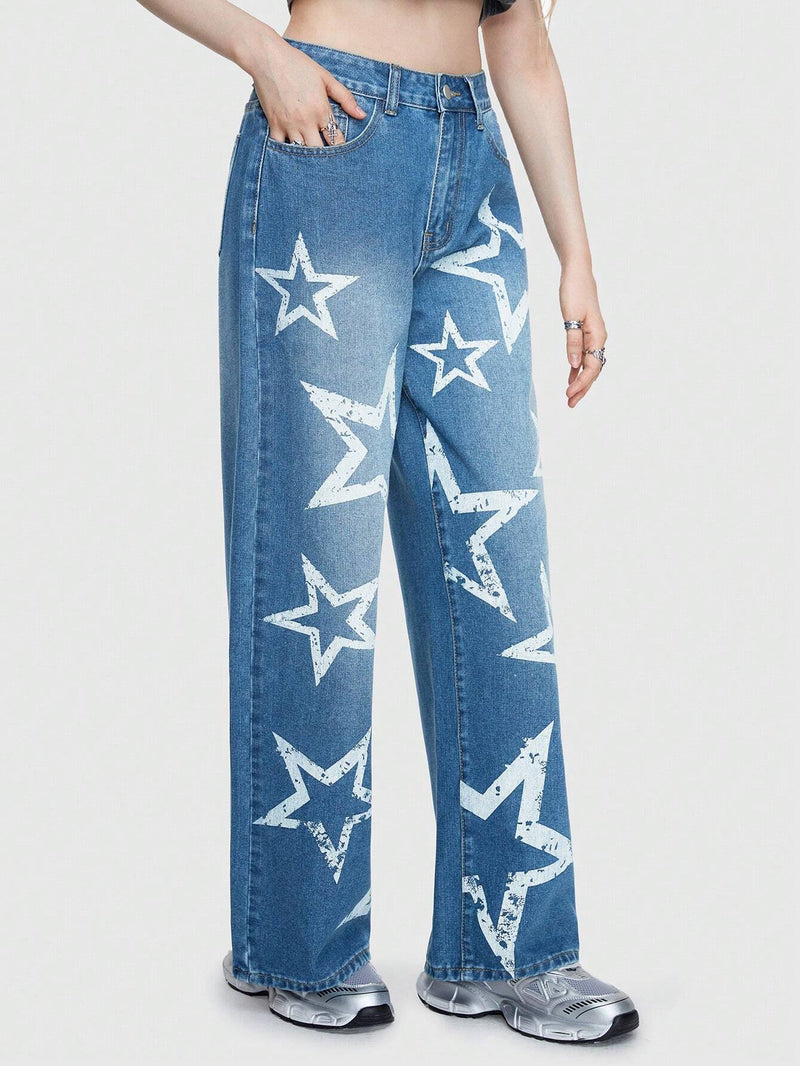 ROMWE Street Life Jeans De Mujer Rectos De Color Azul Claro Con Estampado De Estrellas