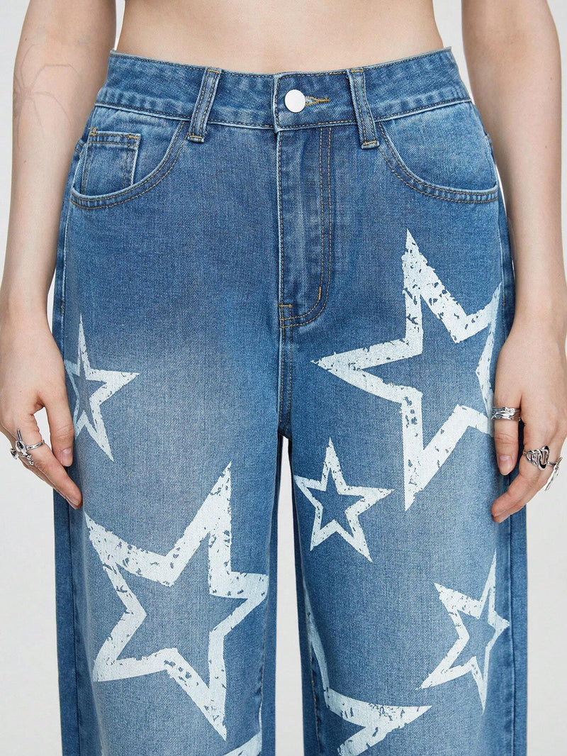 ROMWE Street Life Jeans De Mujer Rectos De Color Azul Claro Con Estampado De Estrellas