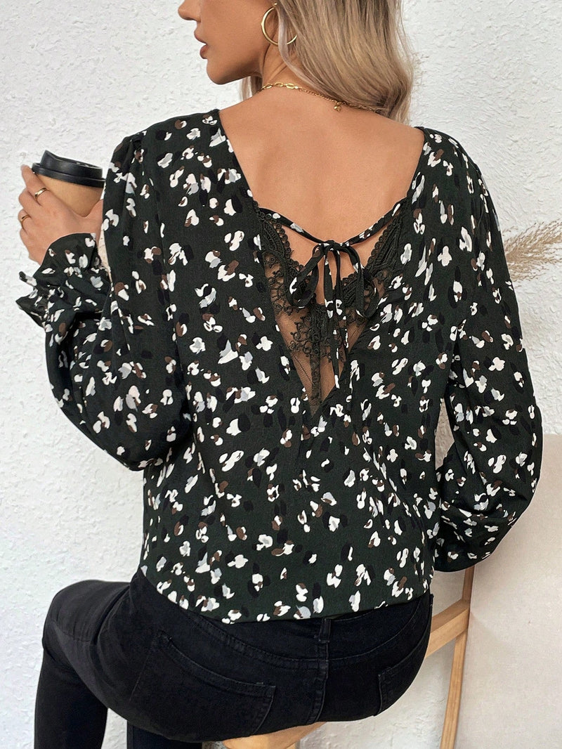 LUNE Blusa Con Estampado Integral De Manga Acampanada Y Bordado De Retales Con Espalda Atada De Malla Para Mujer