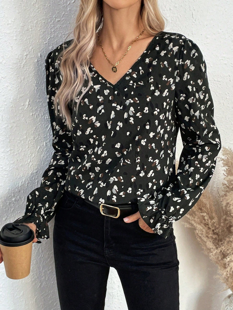 LUNE Blusa Con Estampado Integral De Manga Acampanada Y Bordado De Retales Con Espalda Atada De Malla Para Mujer