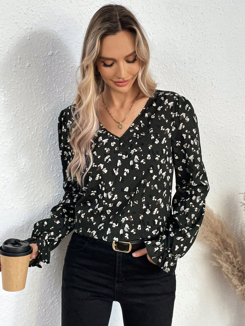 LUNE Blusa Con Estampado Integral De Manga Acampanada Y Bordado De Retales Con Espalda Atada De Malla Para Mujer