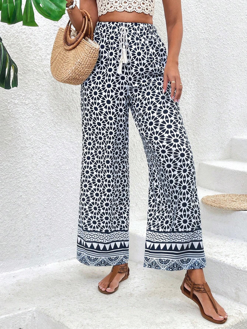 VCAY Pantalones De Cintura Con Lazo Y Flecos Con Estampado Floral Para Mujer