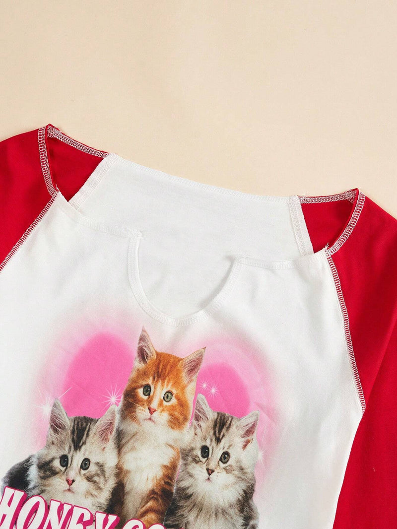 Camiseta De Manga Raglan Para Mujer Con Impresion De Gato Y Letras De Dibujos Animados